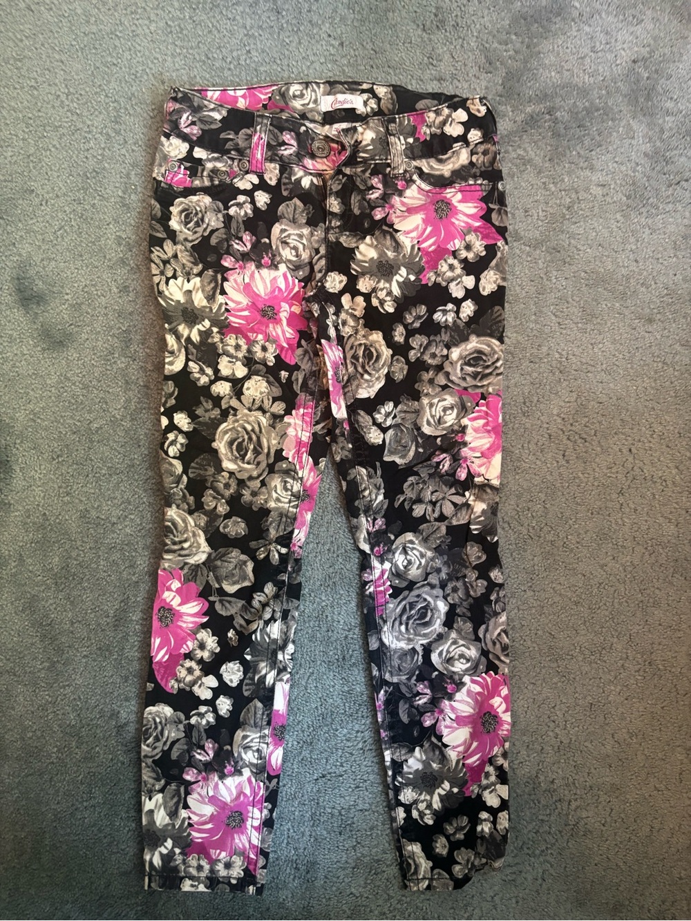 Candie's Black Floral Skinny Jeans with Pink Accents